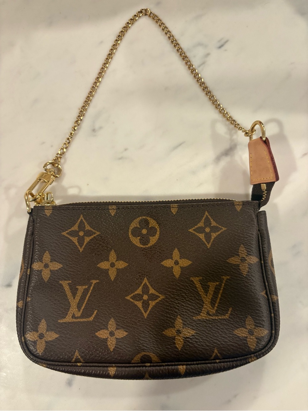 Authentic Louis Vuitton Brown Monogram Canvas Mini Pochette with Gold Chain